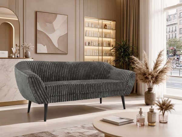 Sofa, Wohnzimmersofa PIRS 3, Skandinavisches Sofa 3-Sitzer, Sofa mit Wellenfederung, schwarze Füße, Breite 180 cm Hoher Sitzkomfort - Grau Cord