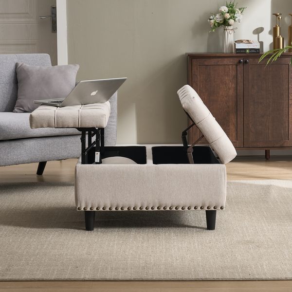 Aufbewahrungshocker aus Leinenstoff mit 2 Ebenen Stauraum, 75x75x41 cm, Beige