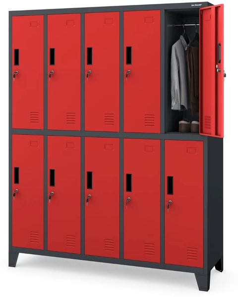 Umkleideschrank Spind BARTEK - 10 Abteile, Etikettenhalter Lüftungsschlitze | Umkleidespind Schließfachschrank Garderobenspind, 172x136x45cm Anthrazit-Rot