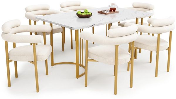 OKWISH Essgruppe Esstisch mit Samt-Stühlen, (Esstisch- und Stuhlset, elegante Metall-Tischbeine, komfortable Samt-Hohlsessel in Creme, für moderne Wohnzimmer & Restaurants, langlebig & stylish, 7-tlg), Esstisch mit Design-Tischbeinen, Samt-Hohlsesseln
