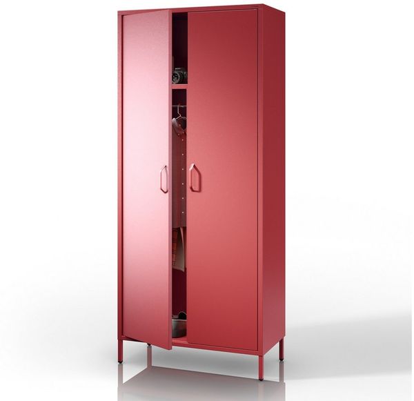Jan Nowak Kleiderschrank 2 Türig, Metallschrank Glitzernd - Flavio | Ablagen, Kleiderstange, Leiser Magnetverschluss | Garderobenschrank für Schlafzimmer, Kinderzimmer | 80 x 185 x 45 cm | Rot