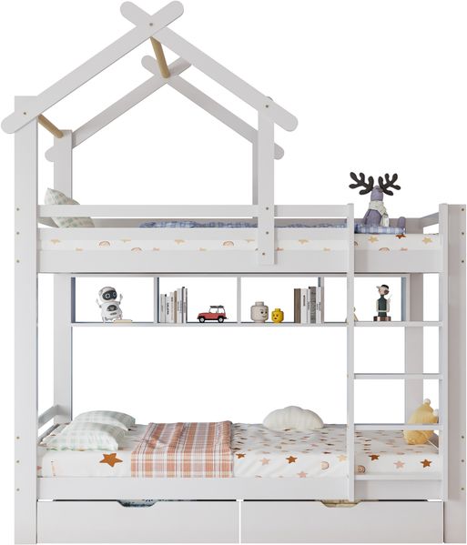 Weißes Etagenbett aus Kiefer & MDF 90x200cm, Hausbett mit dreistufiger rechtwinkliger Leiter, integrierten Regalen & Staubschubladen, Kinderbett mit umlaufendem Fallschutzgitter