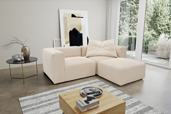 DOMO. collection Ecksofa 800011, kleine Modul-Couch in L-Form, individuell kombinierbar, Cord Sofa, Polsterecke, Eckcouch, Polstergarnitur 216 x 193 x 69 (BxTxH), creme