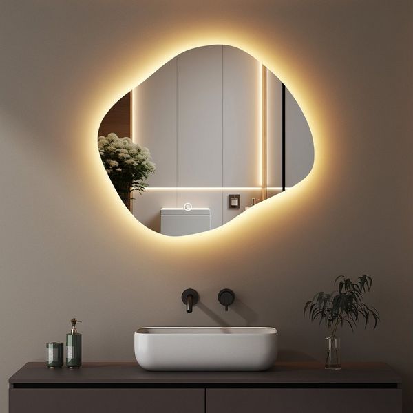 WDWRITTI Schminkspiegel Wand Kosmetikspiegel Wandmontage Wandspiegel Asymmetrisch Steinform (Dekospiegel Flurspiegel Modern Rahmenlos, 80x80, 60x60, 84 x 74,74 x 64 cm), HD Spiegel mit Splitterschutzfolie