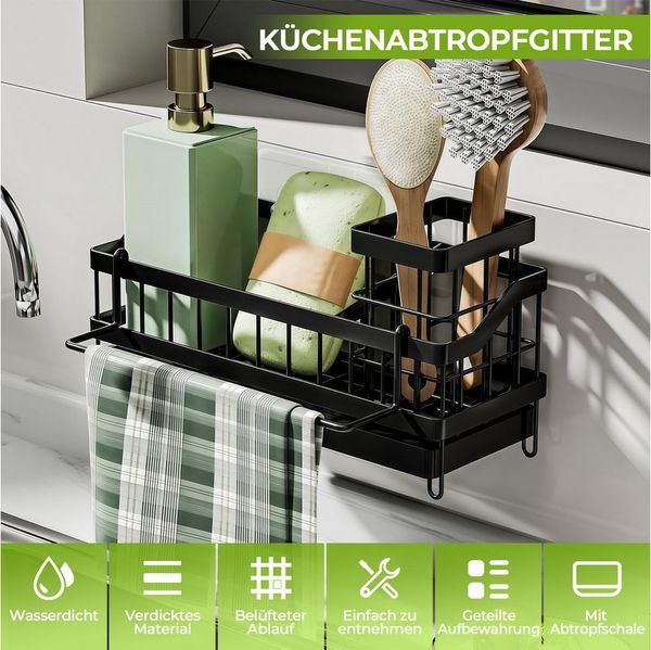 PFCTART Küchenorganizer-Set Küchen-Spülbecken-Organizer aus Metall mit Abtropfsystem, (Set, 1-tlg, Wandmontage oder Arbeitsplatte, inkl. Klebehaken, Schwarz), Automatischer Wasserablauf, 360° drehbar, rostfrei & stabil