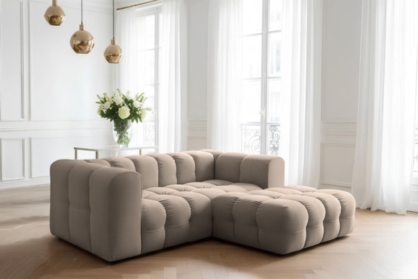 Ecksofa Designersofa SOLVIE XS in Stoff Tiffani Taupe Ottomane Rechts