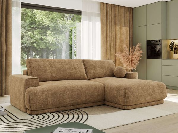 RINA L Design Ecksofa, Schlaffunktion & Stauraum, DL-System, Wellenfedern, Liegefläche 220x155 cm, freistehendes Polstersofa, Schlafcouch - Hellbraun Schenille grob gewebt - Rechts Seite