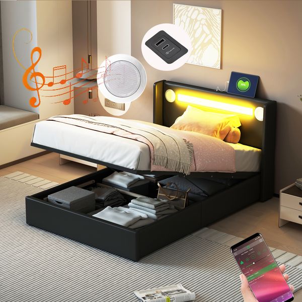 Polsterbett 90x200 cm mit LED, Bluetooth und großem Stauraum schwarzes Kunstleder, hydraulische Aufbewahrung