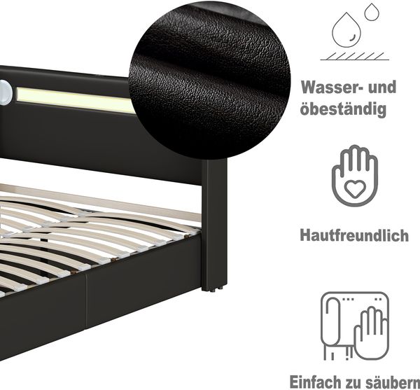 Polsterbett 90x200 cm mit LED, Bluetooth und großem Stauraum schwarzes Kunstleder, hydraulische Aufbewahrung Bild 7