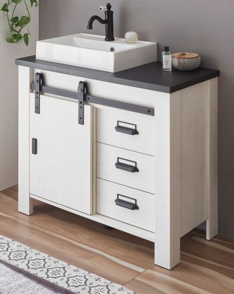 Waschbeckenunterschrank mit Waschbecken Stove in weiß Pinie Landhaus 95 cm