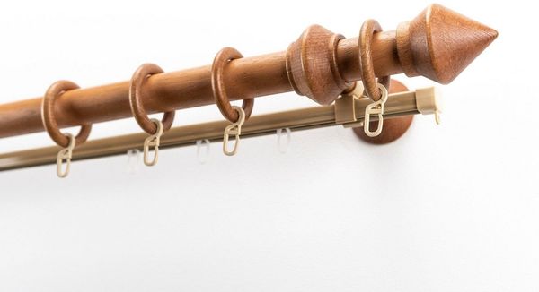 GARESA Gardinenstange Palmo, Ø 28 mm, 2-läufig, Wunschmaßlänge, mit Bohren, verschraubt, Holzwerkstoff, Vorhanggarnitur aus Holz, verlängerbar, mit Ringe/2 Lauf Gleiter