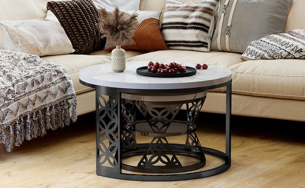 MODFU Couchtisch-Set Marmoroptik Weiß, Metallgestell Schwarz, 2-teilig, 70 x 70 x 45/45 x 45 x 37 cm