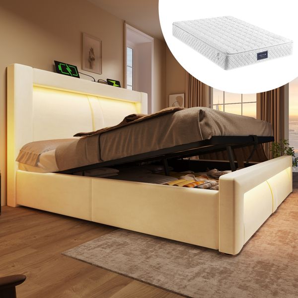 Polsterbett 160×200 cm mit hydraulischem Bettkasten, LED & USB, Beige, inkl. Matratze