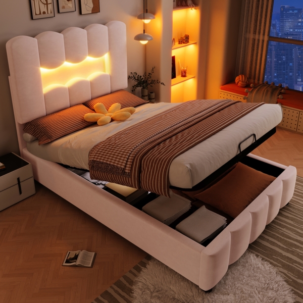 Polsterbett 90x200cm mit LED-Beleuchtung und hydraulischem Bettkasten,Veloursbett mit verstellbarem Kopfteil, Stauraumbett in Rosa Bild 4