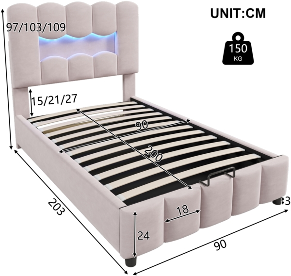 Polsterbett 90x200cm mit LED-Beleuchtung und hydraulischem Bettkasten,Veloursbett mit verstellbarem Kopfteil, Stauraumbett in Rosa Bild 6