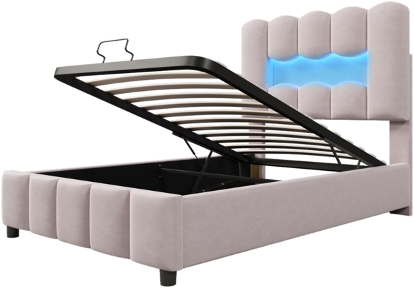 Polsterbett 90x200cm mit LED-Beleuchtung und hydraulischem Bettkasten,Veloursbett mit verstellbarem Kopfteil, Stauraumbett in Rosa Bild 8