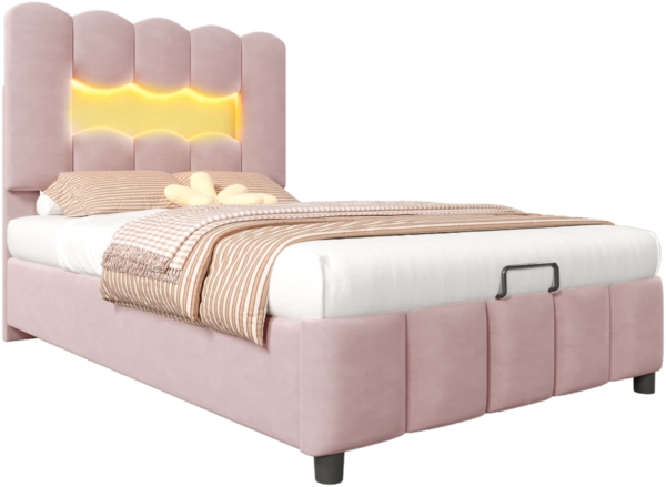Polsterbett 90x200cm mit LED-Beleuchtung und hydraulischem Bettkasten,Veloursbett mit verstellbarem Kopfteil, Stauraumbett in Rosa Bild 7