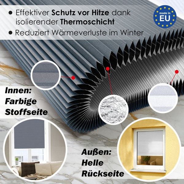 DomDeco Wabenplissee Thermo Plissee ohne Bohren - Hitzeschutz, Verdunkelung, verspannt, abdunkelnd, Klemmfix, stufenlos, kälteschutz, modernes Fensterplissee