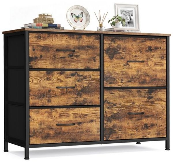 SONGMICS Kommode mit 5 Schubladen, Schubladenschrank mit Metallgestell, 98,7 x 30 x 74,7 cm, Tan