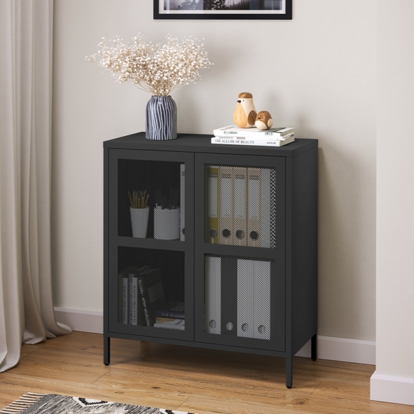 skølm 'Zephyr' Kommode, Metall, schwarz, Metallschrank mit zwei Fächern, 92x80x30 cm, inkl. Push-to-Open