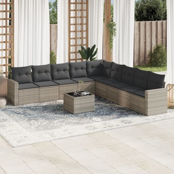 vidaXL 10-tlg. Garten-Sofagarnitur mit Kissen Hellgrau Poly Rattan 3251439