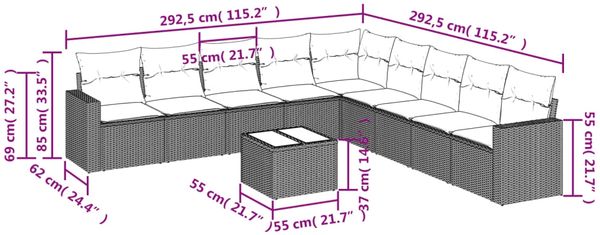 vidaXL 10-tlg. Garten-Sofagarnitur mit Kissen Hellgrau Poly Rattan 3251439 Bild 3