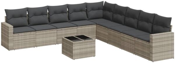 vidaXL 10-tlg. Garten-Sofagarnitur mit Kissen Hellgrau Poly Rattan 3251439 Bild 2