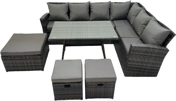 Fimous 9 Sitzer Hoher Rücken Rattan Gartenmöbel-Set Ecksofa mit Länglicher Esstisch Big und Kleiner Hocker