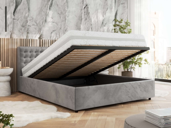 Polsterbett mit Holzlattenrost Doppelbett PAVO CLASSIC, hohe Kopfteil, Bettkasten mit Gasdruckfeder Foam Matratze - 140x200 cm - Hellgrau Velvet - MIRO LUX Bild 3