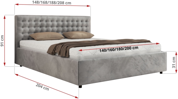 Polsterbett mit Holzlattenrost Doppelbett PAVO CLASSIC, hohe Kopfteil, Bettkasten mit Gasdruckfeder Foam Matratze - 140x200 cm - Hellgrau Velvet - MIRO LUX Bild 4