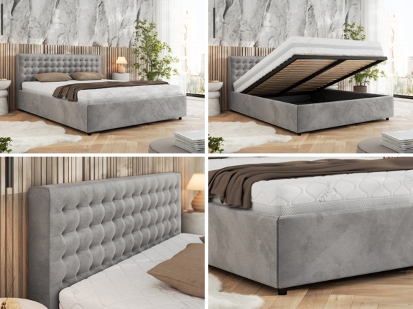 Polsterbett mit Holzlattenrost Doppelbett PAVO CLASSIC, hohe Kopfteil, Bettkasten mit Gasdruckfeder Foam Matratze - 140x200 cm - Hellgrau Velvet - MIRO LUX Bild 2