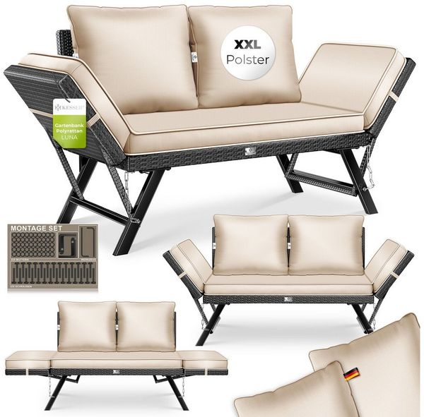 KESSER® Gartenbank Polyrattan Luna mit Liegefunktion Gartensofa 4-in-1 Verstellfunktion Gartencouch Wetterfest, Balkonsofa Verstellbare Armlehnen, Extra Dicke & Weiche Polster, Garten/Balkon/Terrasse Schwarz / Beige