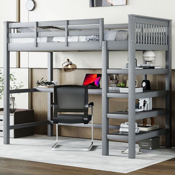 STILVORA Hochbett 90x200 mit matratze und schreibtisch,Kinderbett mit Ablagefächern (Gästebett Jugendbett Holzbett mit Ablagefächern und Unterbettschreibtisch, 90x200 cm) mit Matratze