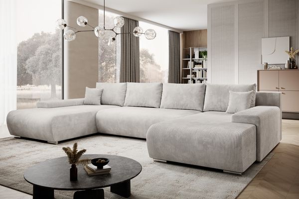 Ecksofa Credo, Couch U-Form, Sofa mit Schlaffunktion und Bettkasten, 348 x 81 x 185 cm, Beige