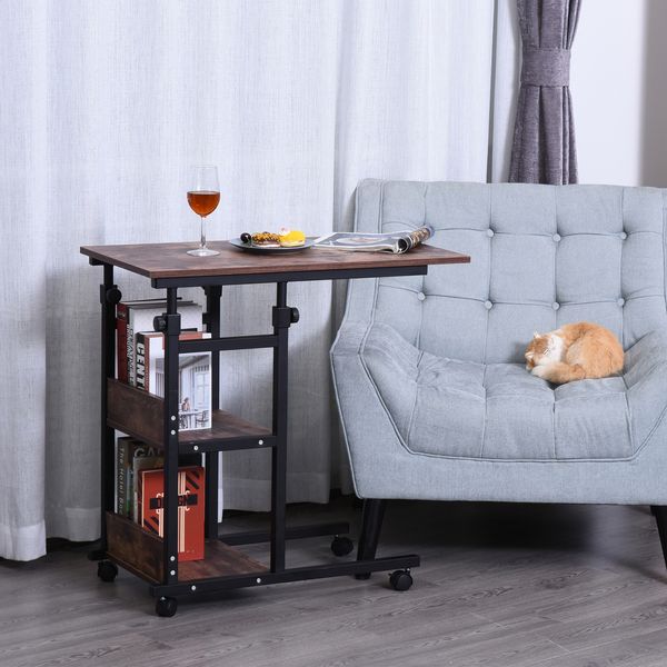 Beistelltisch 80x40x72-82 cm in Braun, höhenverstellbar mit Rollen und 2 Ablagen