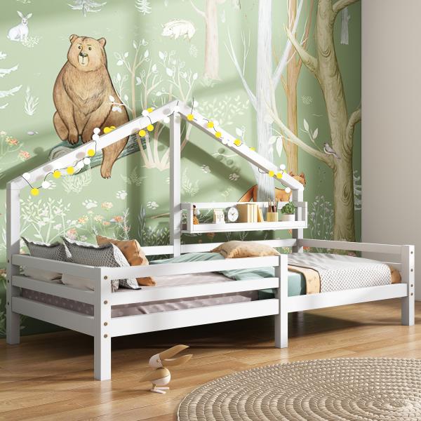 Merax Hausbett Kinderbett mit Ablageregal Kaminform 90x200cm, Weiß