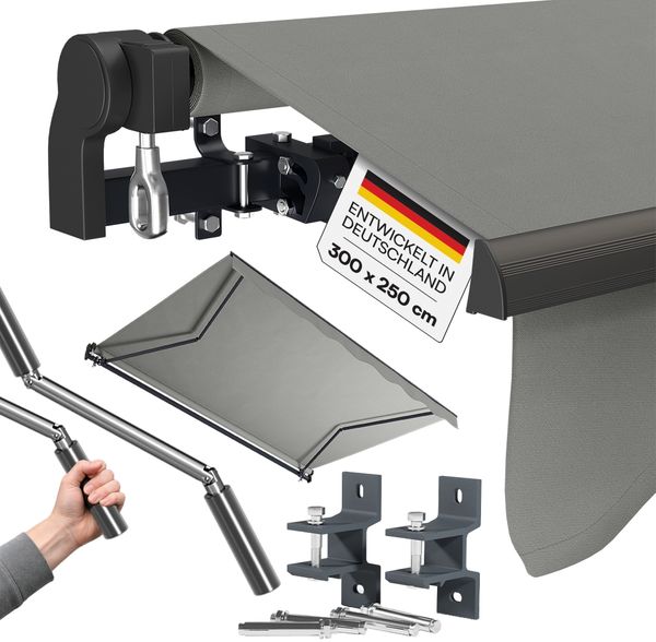 STEELSØN 'Kestria' Gelenkarmmarkise 300x250 cm, grau, wetterfest und blickdicht, Markise mit Aluminium-Kassette und Wandhalterung, Balkonmarkise mit Handkurbel