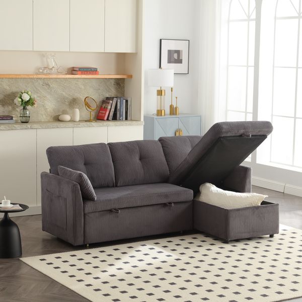 Schlafsofa aus Cord mit Stauraum & Ausziehbett, 206 x 108 x 66 cm, Dunkelgrau