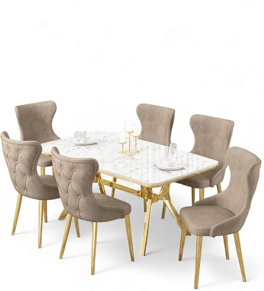 Modernes, ausziehbares Esszimmer-Set (7-teilig) – Weißer Marmor & Gold, 100% lackierte Oberfläche, Metallbeine, Elegantes Design