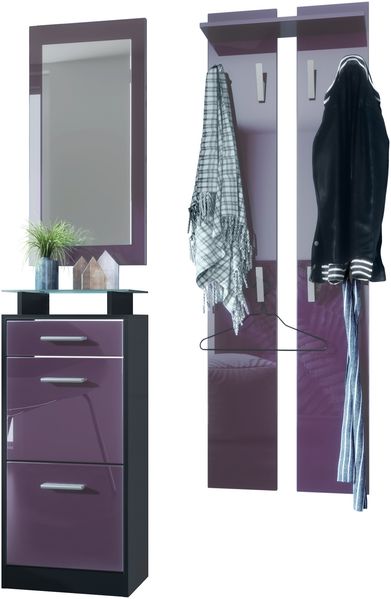 Garderobenset Garderobe Loret V2 Mini, Korpus in Schwarz matt / Front in Brombeer Hochglanz