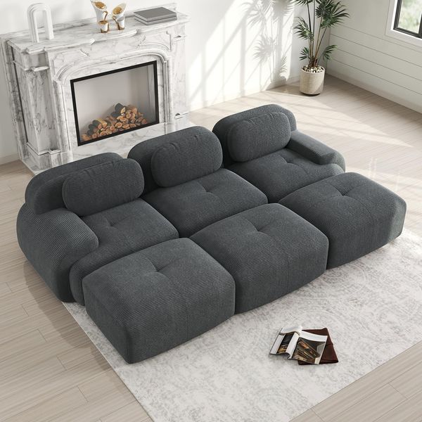 Ball & Cast Cord Sofa, Boneless Couch mit Ottomane, Ohne Montage, Sofa Modular mit Polsterung für Wohnzimmer, Schlafzimmer, Grau, 3 Sitze + 3 Ottomane