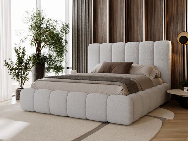 GRAINGOLD Imperial Doppelbett 120x200, mit hohem Kopfteil, Bettkasten, Bouclé-Stoff, Hellgrau