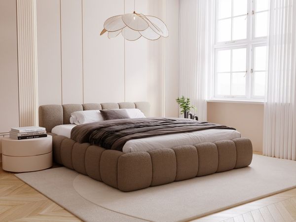 GRAINGOLD Cloud Low Bett 180x200, Polsterbett mit Bettkasten und Lattenrost, Bouclé-Stoff, Braun