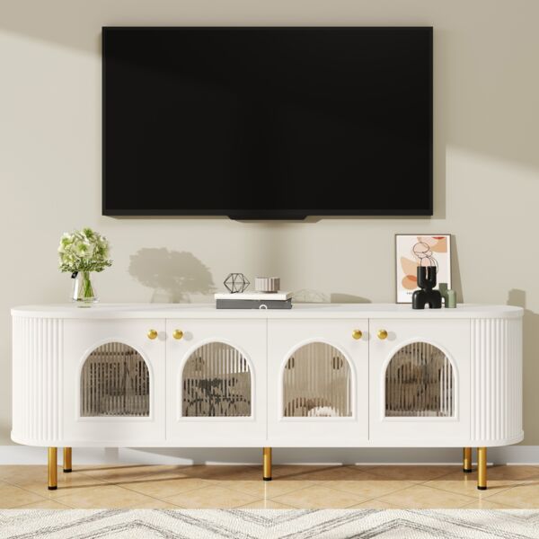 TV-Schrank 170 x 35 x 55 cm aus MDF in Weiß/Gold mit 4 Glastüren & Kabelführung