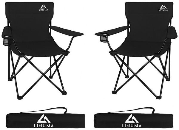 LINUMA Campingstuhl faltbar mit extra großem Getränkehalter, stabiler Klappstuhl schwarz (2 St), Faltbarer Campingstuhl mit XL-Getränkehalter für Festival & Outdoor