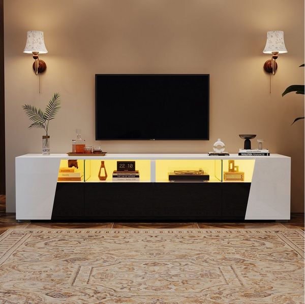 Merax Lowboard Hochglanz TV-Schrank mit LED-Beleuchtung (1 St), Fernsehschrank mit 2 Schubladen, 2 Türen & 4 offenen Fächern, B: 180cm