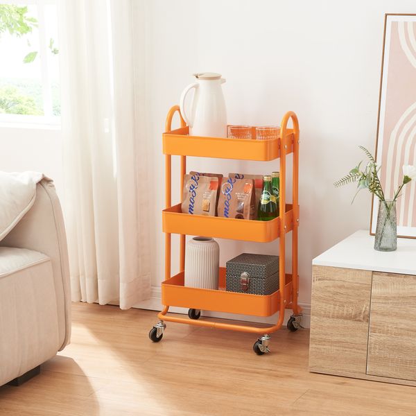 en.casa Küchenrollwagen Pyhäntä mit 3 Ebenen Orange, 78,5 x 46 x 35 cm