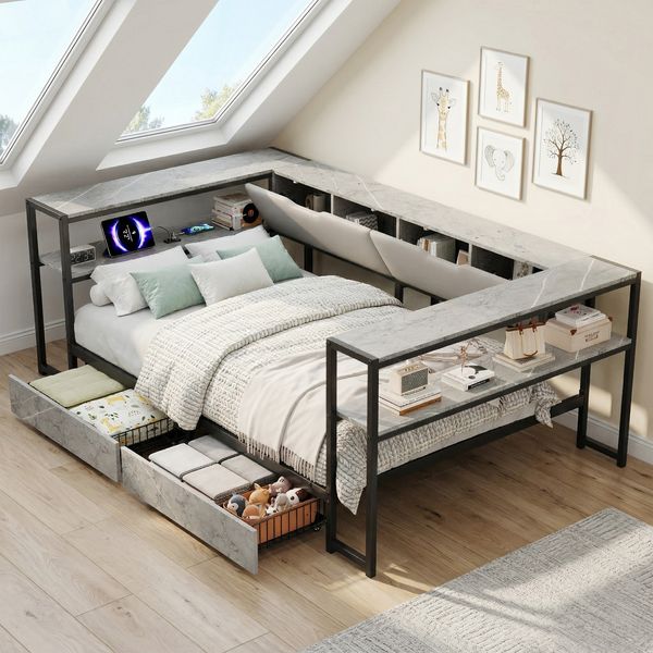 Merax Einzelbett, Polsterbett, Schlafsofa, Daybett, 90x200 cm, mit USB&Typec-Ladestation, Tagesbett, Jugendbett mit 2 Schubladen und Lattenrost aus Metall, Betonfarbe