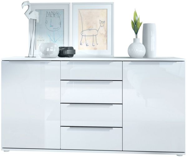 Vladon Sideboard Linio 139 x 72,5 x 35 cm Anrichte mit 2 Türen und 4 Schubladen, Korpus in Weiß matt, Fronten in Weiß Hochglanz