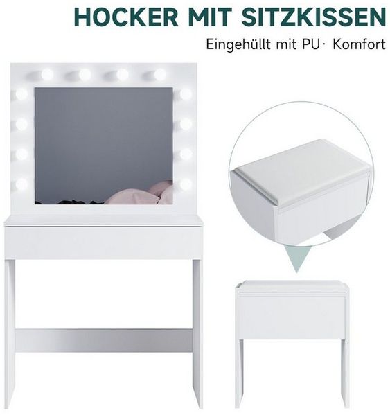 SONNI Schminktisch mit LED-Beleuchtung, 80x40x140cm,mit Memory-Funktion, mit Spiegel, Hocker, Schublade,Kosmetiktisch,3 Lichtmodi Bild 4
